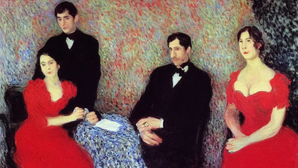 Image similar to “beautiful woman in red dress sitting with her handsome husband in a black suit, monet painting”