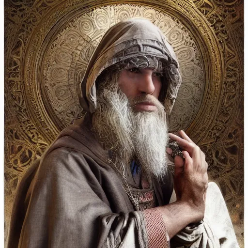 Prompt: highly detailed picture of a man with holes in his robes, religious man wearing clothes with huge rips, destroyed clothes, medieval background, mystic, d & d, fantasy, intricate, elegant, highly detailed, digital painting, artstation, concept art, smooth, sharp focus, illustration, art by artgerm and greg rutkowski and alphonse mucha