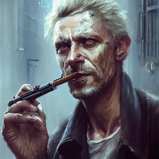 Prompt: aged shaggy ex military, smoking a cigarette, cyberpunk, smoke, armitage, painted by seb mckinnon, high detail, dramatic light, digital art, painted by greg rutkowski, promotional movie posterart, trending on artstation