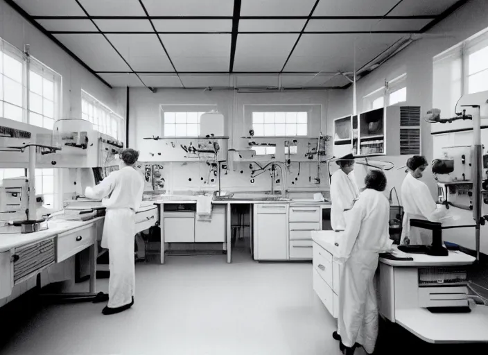 Image similar to realistic interior photo of wooden science laboratory, with white plastic appliances 1 9 9 0, life magazine photo