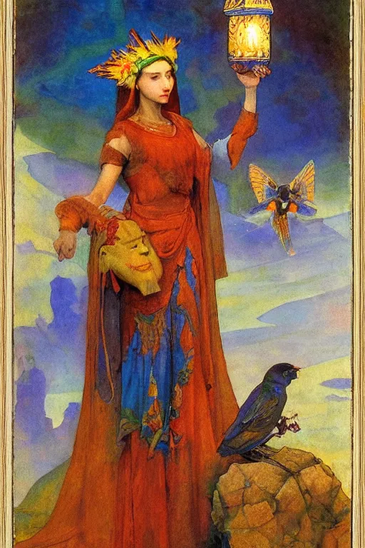 Image similar to queen of the dawn with her lantern and birds, by Annie Swynnerton and Nicholas Roerich, elaborate headdress and iridescent beetles, rich color, dramatic cinematic lighting, extremely detailed