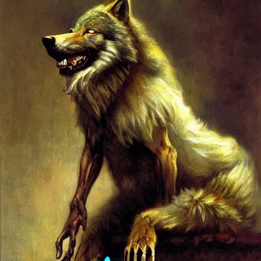 Image similar to a portrait of a furry wolf wearing clothes, hairy, furry body, furry arms, feet, tail. highly detailed painting by gaston bussiere, craig mullins, j. c. leyendecker, furry