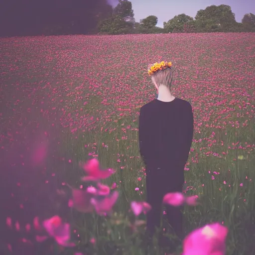 Image similar to kodak portra 4 0 0 photograph of a skinny blonde goth guy standing far back in a field of flowers, back view, flower crown, moody lighting, telephoto, 9 0 s vibe, blurry background, vaporwave colors, faded!,