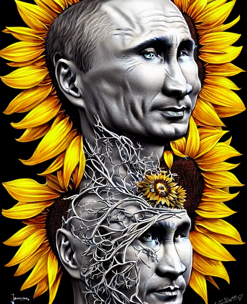 Image similar to digital art, centered full body of Putin smiling king, Sunflower crown, ,intricate, veins, by James Jean and by artgerm , by ross tran ultradetailed, charachter design, concept art, trending on artstation,