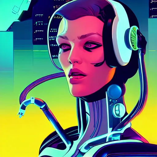 Image similar to a portrait of a beautiful cybernetic woman connected to a synthesizer from hell, wires, cyberpunk concept art by josan gonzales and jean claude meziere and syd mead