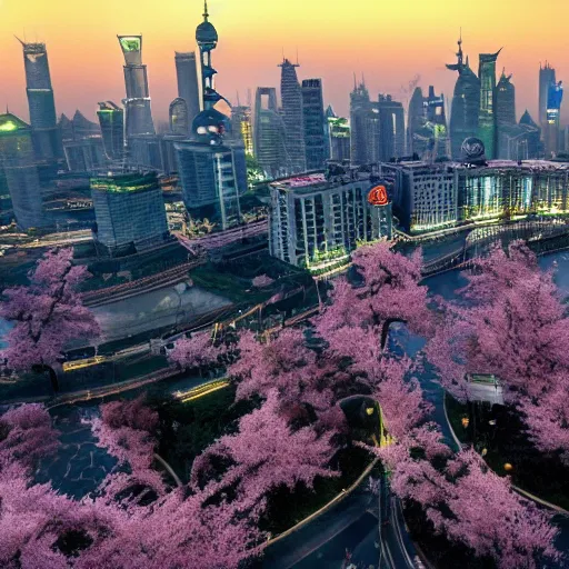 Prompt: a panoramic view of shanghai full of sakura, cinematic matte painting artstation