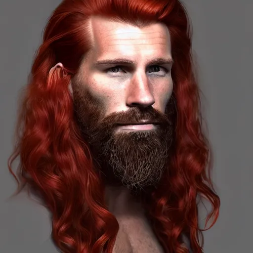 Image similar to portrait of a ruggedly handsome!!!!! male ship captain with long red hair!!!!!!, 30 years old, upper body, wavey hair, muscular, friendly, playful, D&D, hairworks, Unreal 4, fantasy, elegant, highly detailed, digital painting, hairworks, deviantart, artstation, concept art, sharp focus, dramatic lighting, illustration, art by Artgerm and Greg Rutkowski and Alphonse Mucha