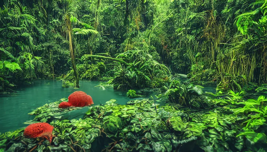 Image similar to a rainy foggy jungle, river with low hanging plants, there is a giant coral colored octopus in the water, great photography, ambient light