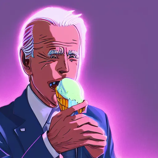 Image similar to anime joe biden eating ice cream, 3 5 mm film still, wired landscape, cyberpunk, volumetric lighting, photo realistic, digital art, anime background, violet colour palette, very detailed faces