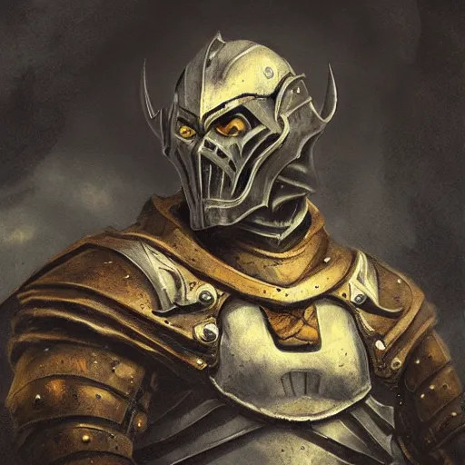 Prompt: handsome yellow orc wearing medieval suit of armor, illustration, concept art, art by wlop, dark, moody, dramatic