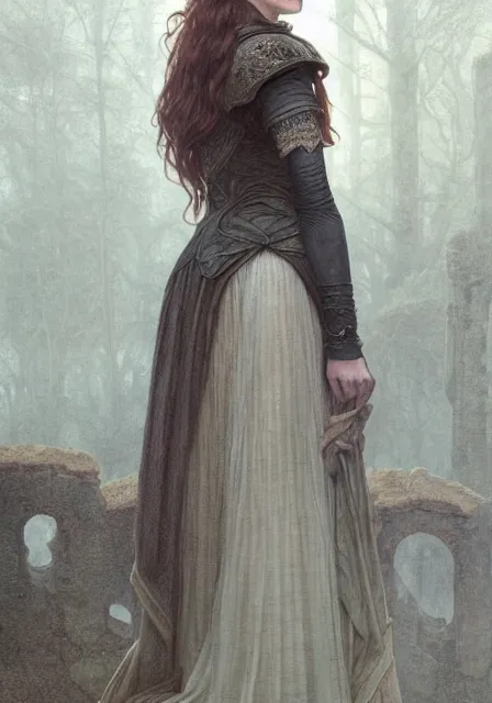Image similar to portrait of sansa stark in foggy ruins of castle, autumn, intricate, elegant, highly detailed, digital painting, artstation, concept art, smooth, sharp focus, illustration, art by artgerm and greg rutkowski and alphonse mucha and william - adolphe bouguereau