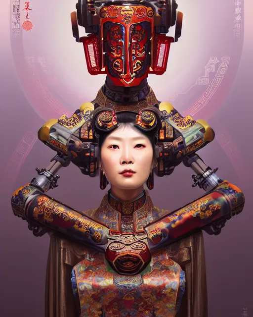 Image similar to portrait of a chinese cyberpunk machine, machine face, arms, upper half portrait, decorated with chinese opera motifs, regal, asian, fine china, wuxia, traditional chinese art intricate intense elegant 京 剧 highly detailed digital painting artstation concept art smooth sharp focus illustration, art by artgerm and greg rutkowski alphonse mucha 8 k