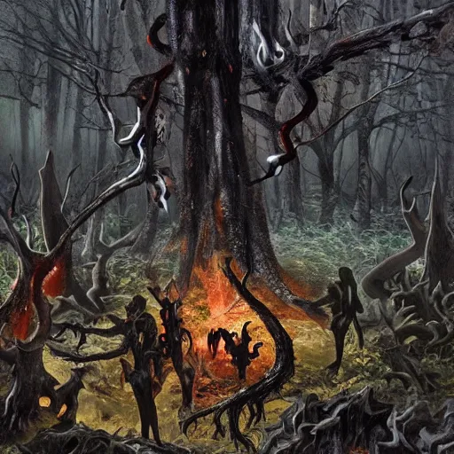 Image similar to a battle between the forces of hell and the forces of heaven in a magical forest. The forest is burned with charred trees. Lots of holy and damned magic is used