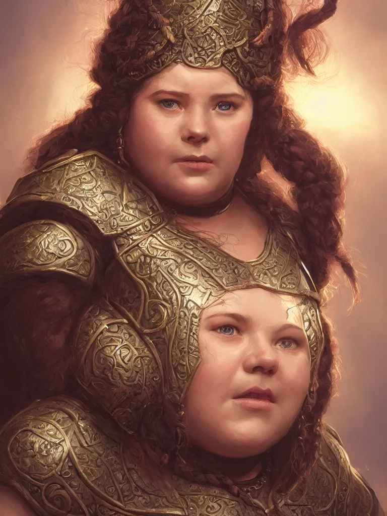 Prompt: Portrait | chubby female dwarf queen | bronze dwarven breastplate | elaborated braided hair | style by greg rutkowski, wayne reynolds, jeff easley | dramatic light | high detail | cinematic lighting | artstation | Regal and Proud robust woman| bold serious expression | dungeons and dragons | throne room |