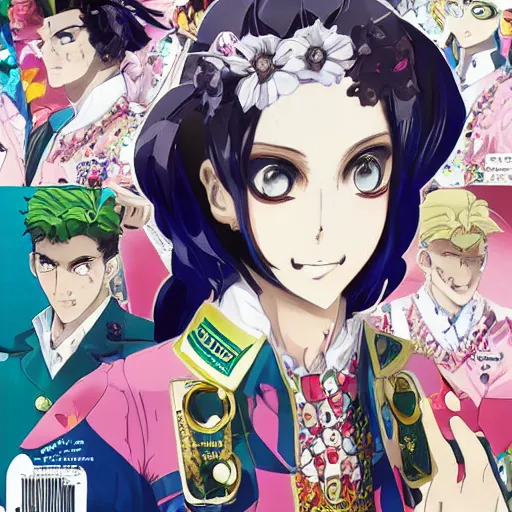 Image similar to Magazine Cover Anime key visual of a Gucci girl; official media; typography; drawn by Hirohiko Araki; Jojo's Bizarre Adventure; Jojolion, portrait, made by Stanley Artgerm Lau, WLOP, Rossdraws, James Jean, Andrei Riabovitchev, Marc Simonetti, Yoshitaka Amano, ArtStation