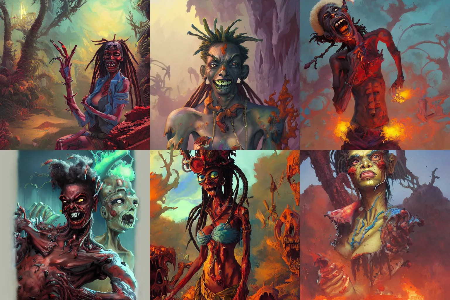 Prompt: portrait of a voodoo zombie in a scenic environment by jesper ejsing and eddie mendoza, fire