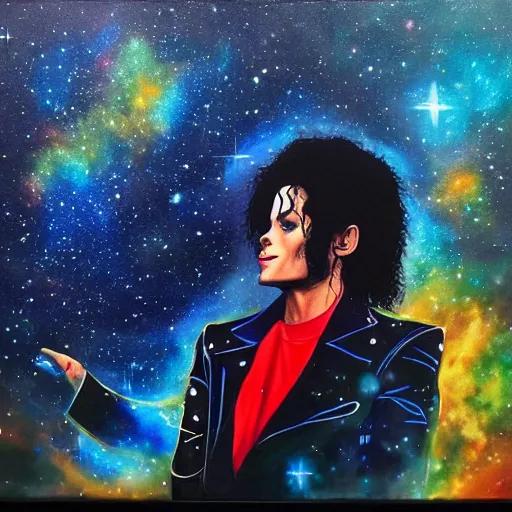Prompt: painting of Michael Jackson dancing in a cosmic scenic environment, trending on Artstation, hyperdetailed, beautiful, stars, planets, nebula, medium shot, mid-shot