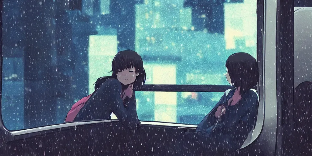 Image similar to Girl sitting in a window seat in a bus at night, raining, cinematic lighting, style by Makoto Shinkai