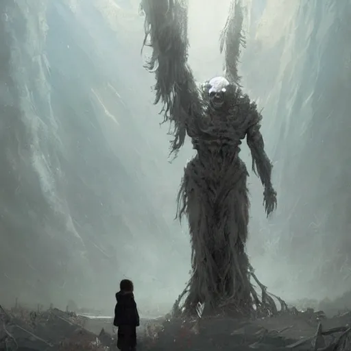 Image similar to a beautiful terrifying immense pale humanoid giant looms over a tiny human. ethereal horror fantasy art by greg rutkowski