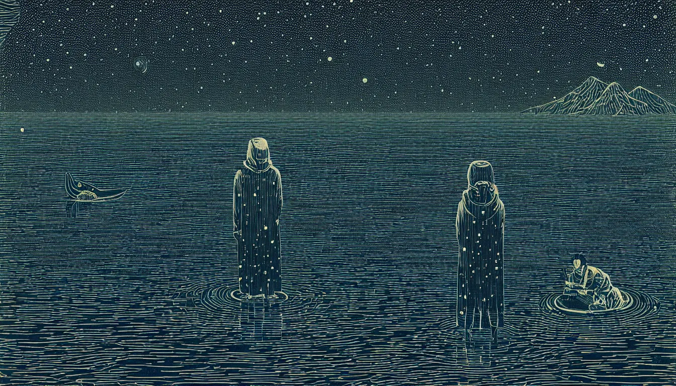 Image similar to standing in a lake looking at reflection of the night sky by woodblock print, nicolas delort, moebius, victo ngai, josan gonzalez, kilian eng