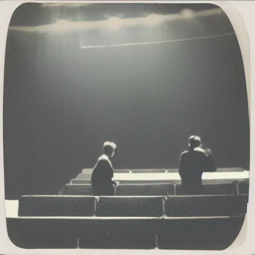 Image similar to Two male silhouettes on an empty theatre stage, polaroid picture, colour, bright