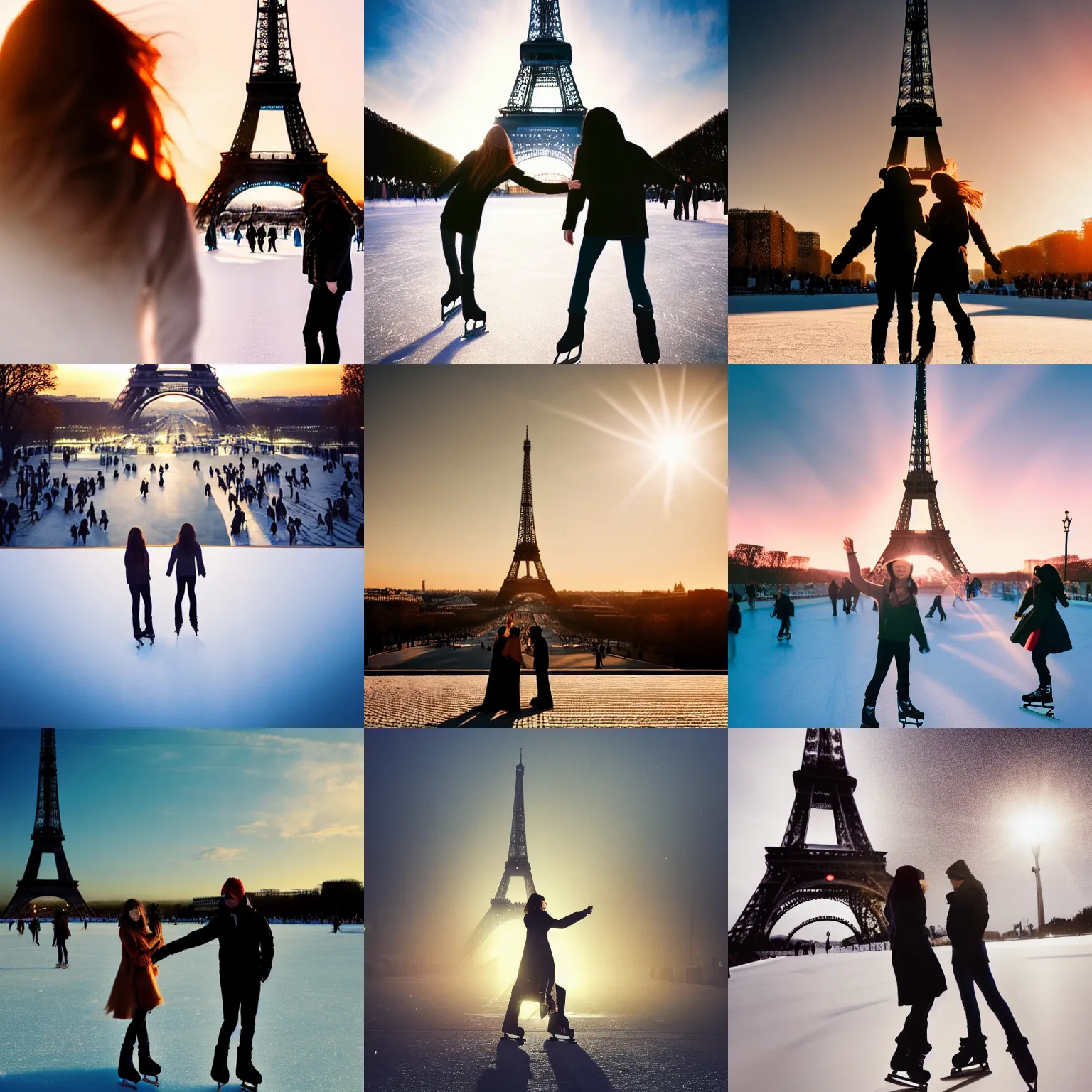 Prompt: extreme long shot, landscape, man and woman with long brown hair ice skating in front of eiffel tower, soft lighting, soft aesthetic, cool pallet, soft focus, lens flare, trending on artstation