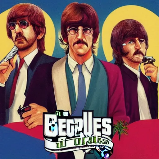 Image similar to The Beatles (1967) in GTA V, cover art by Stephen Bliss, artstation, no text