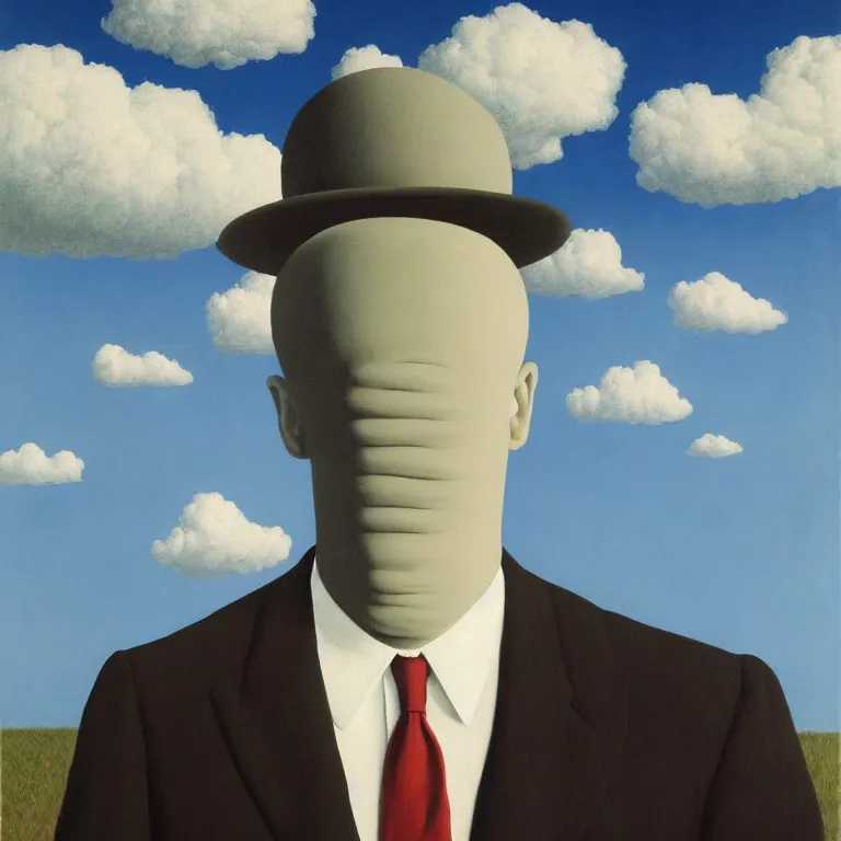 Image similar to portrait of a faceless shadow - head man in a suit, clouds in the background, by rene magritte, detailed painting, distance, centered, hd, hq, high resolution, high detail, 4 k, 8 k