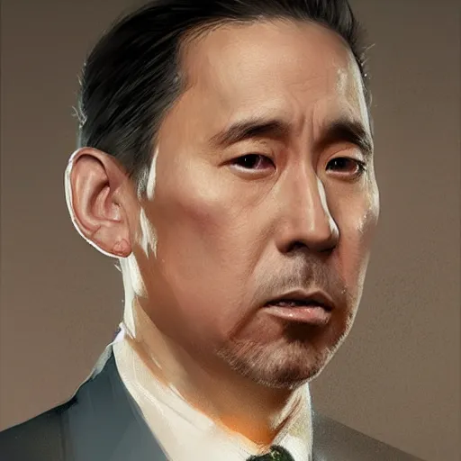 Image similar to hyper realistic, portrait of japanese : : 2 michael scott, epicanthal fold, painted by greg rutkowski