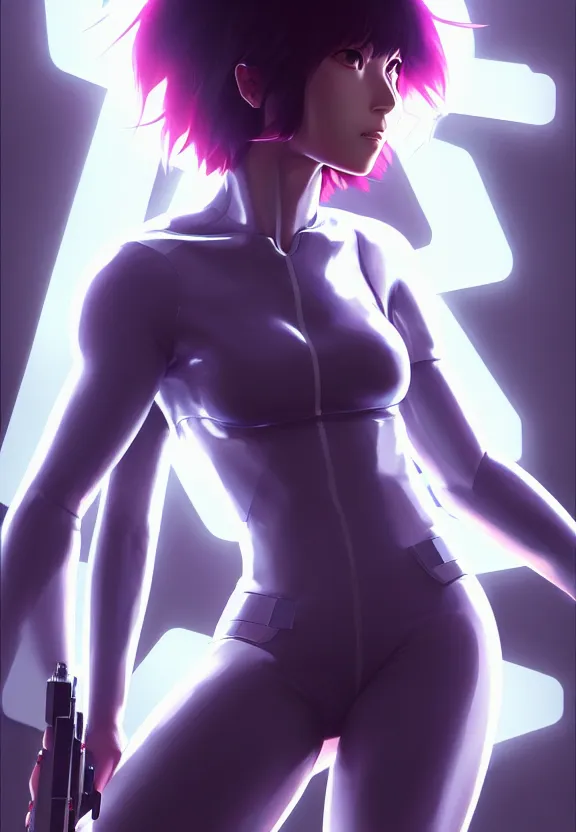 Image similar to a fullbody portrait of motoko kusanagi the major ghost in the shell : : connected to cables, under repairs, maintenance area, technicians : : by ilya kuvshinov, rossdraws, artgerm, sola digital arts, anti aliasing, raytracing : :