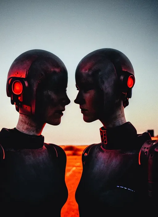 Prompt: cinestill 5 0 d photographic portrait of two loving female androids wearing rugged black techwear on a desolate plain with a red sky, extreme closeup, cyberpunk style, in front of a brutalist dark metal facility, dust storm, 8 k, hd, high resolution, 3 5 mm, f / 3 2, ultra realistic faces, ex machina