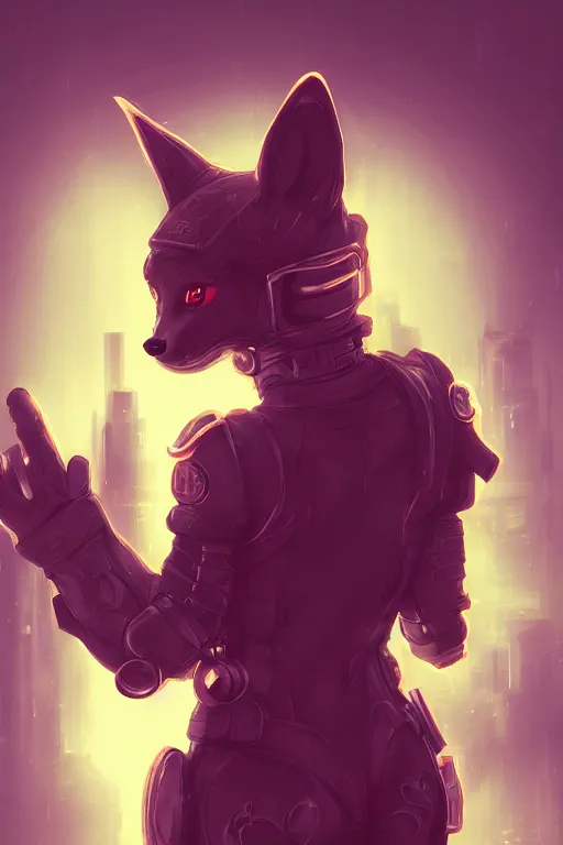 Image similar to an anthropomorphic cyberpunk fox, backlighting, trending on artstation, digital art, furry art, trending on furaffinity, fantasy art, by kawacy, view from behind