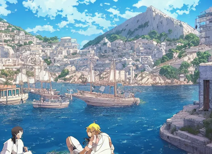 Prompt: An ancient greece harbor city, peaceful and serene, incredible perspective, soft lighting, anime scenery by Makoto Shinkai and studio ghibli, very detailed