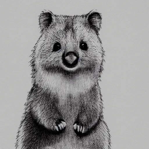 Prompt: portrait of a happy quokka, mcu, drawn with a single line, line drawing, art, minimalist, continuous line drawing, sakura pigma micron, white background, negative space,