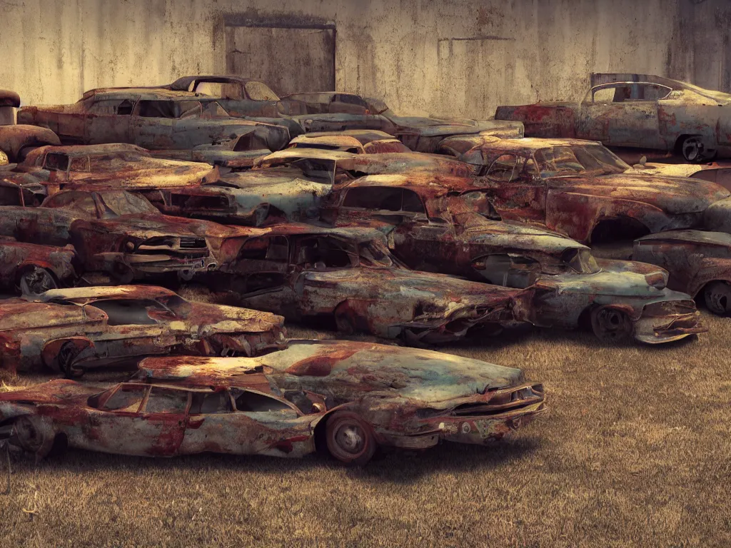 Prompt: an abandoned junkjard full of rusty dream cars from the fifties, 1 6 mm wideangle lens, volumetric lighting, octane render, artstation