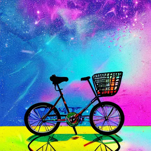 Prompt: broken bike floating in colorful space like water, backlit, outer space, vaporwave