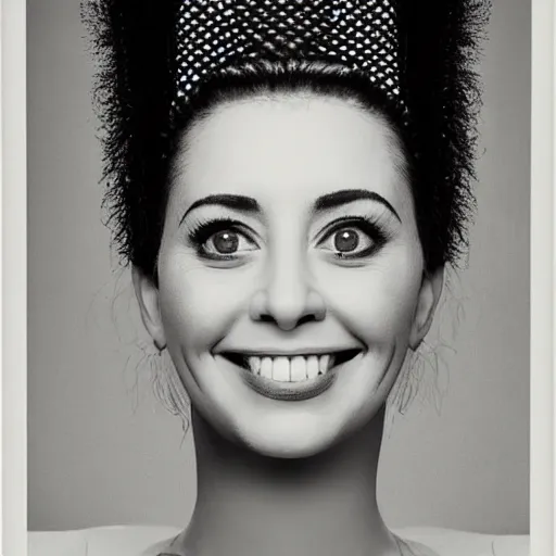 Image similar to symmetrical human portrait of marge simpson with beehive hairdo, grainy high contrast black and white photography photo print ilford warm tone