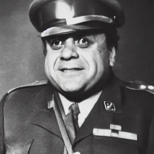 Prompt: Danny DeVito as a soldier during WW2, grainy monochrome photo