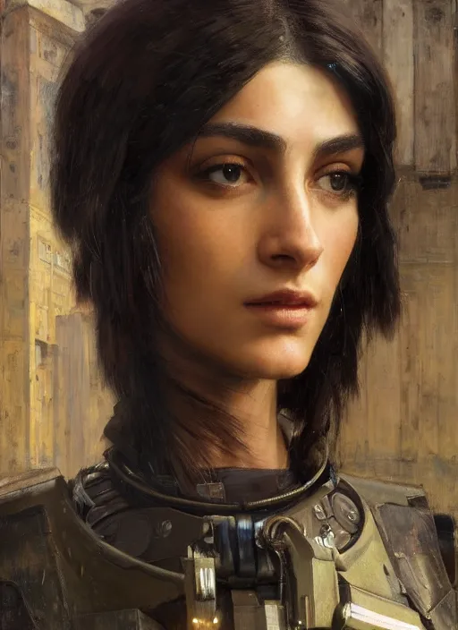 Image similar to buff Ella. beautiful cyberpunk soldier wearing a military vest and military gear (cyberpunk 2077). gorgeous face. Iranian orientalist portrait by john william waterhouse and Edwin Longsden Long and Theodore Ralli and Nasreddine Dinet, oil on canvas. Cinematic, hyper realism, realistic proportions, dramatic lighting, high detail 4k