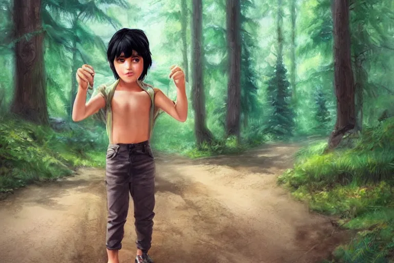 Prompt: a young boy with black hair and green eyes and a highway were standing in a forest by artgerm.