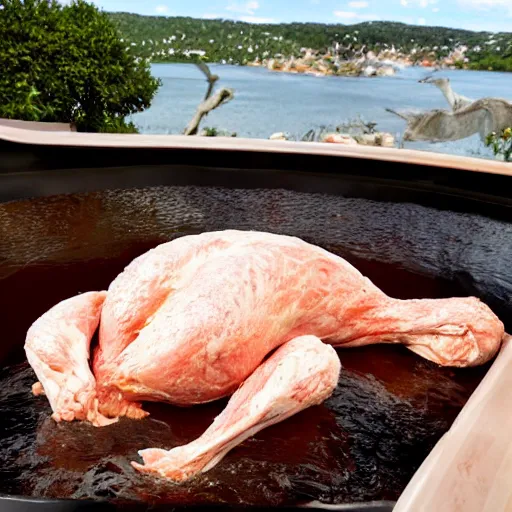 Image similar to the world\'s largest raw chicken in a hot tub