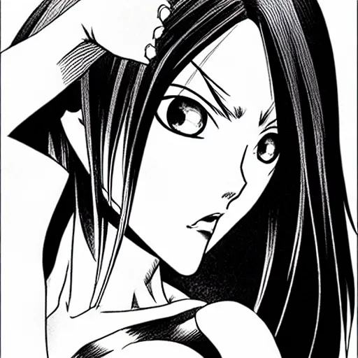 Image similar to alita by yukito kishiro. medium shot. black and white manga. pencil drawing. high detailed face