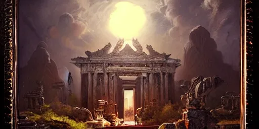 Prompt: beautiful hyperrealistic epic painting of the mysterious intricate ruins of a temple from an advanced alien civilization under the moonlight, by hubert robert and lee madwick and bastien lecouffe deharme, dramatic lighting