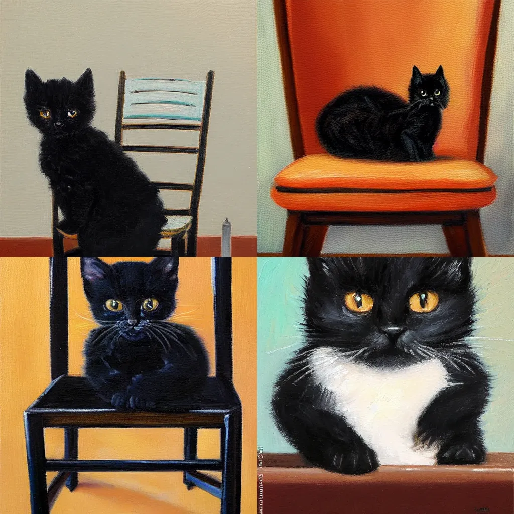 Prompt: oil painting of an extremely tiny, fluffy, black kitten on a very large chair by Vanessa Stockard
