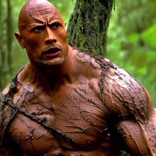 Prompt: film still of a mud - covered dwayne johnson as dutch hiding behind a tree from the predator in predator 1 9 8 7, hd, 8 k