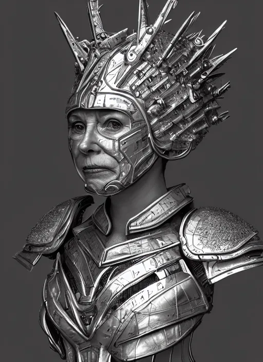 Prompt: old! queen elizabeth! in futuristic battle armor, face! visible, face visible, face visible, glowing lights, detailed, realistic, intricate, trending on artstation