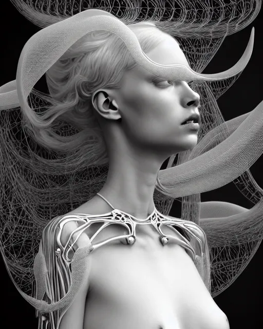 Image similar to dreamy soft luminous bw 3 d octane render, beautiful spiritual angelic biomechanical albino girl cyborg with a porcelain profile face, very long neck, rim light, big leaves and stems, roots, fine foliage lace, alexander mcqueen, art nouveau fashion embroidered collar, steampunk, silver filigree details, hexagonal mesh wire, mandelbrot fractal, elegant