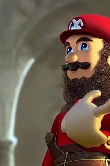 Image similar to “ very very intricate photorealistic photo of a realistic human version of super mario in an episode of game of thrones, photo is in focus with detailed atmospheric lighting, award - winning details ”