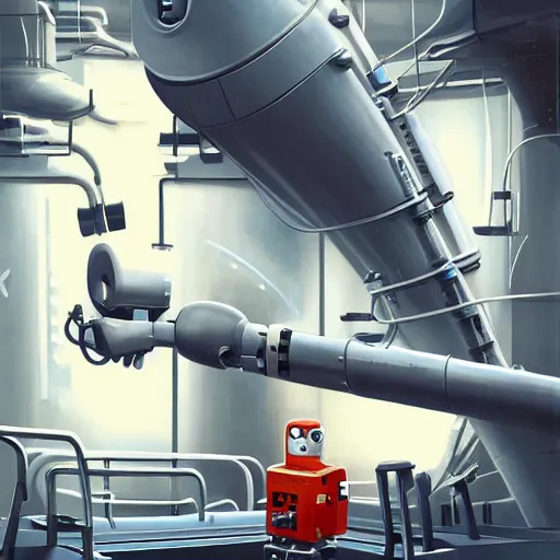 Prompt: robotic engineer working on a star cruiser engine, futuristic engine room, sparks flying, artwork by goro fujita