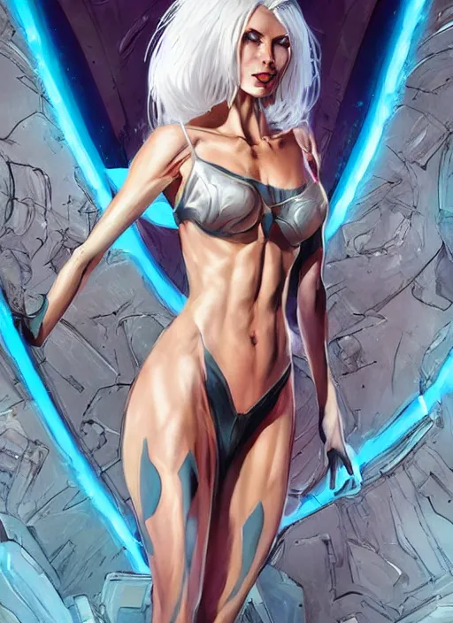 Image similar to comic art, a gorgeous beautiful female with white hair long legs standing at a dimensional gateway,full character design,8k,art by Stanley Artgermm,Travis Charest,trending on Artstation,face enhance,hyper detailed,full of colour,cinematic,dynamic lighting